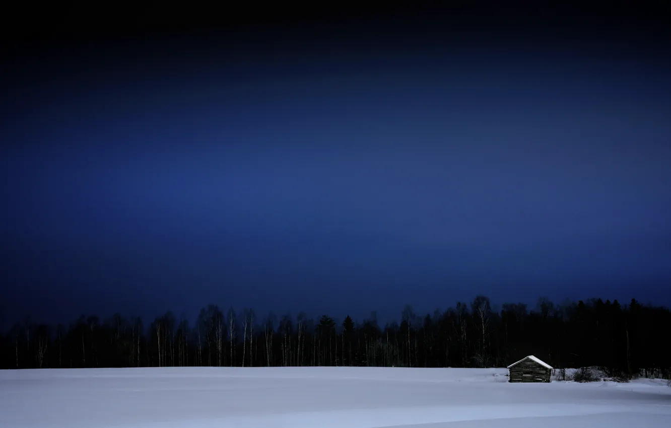 Photo wallpaper winter, snow, trees, night, house, Finland