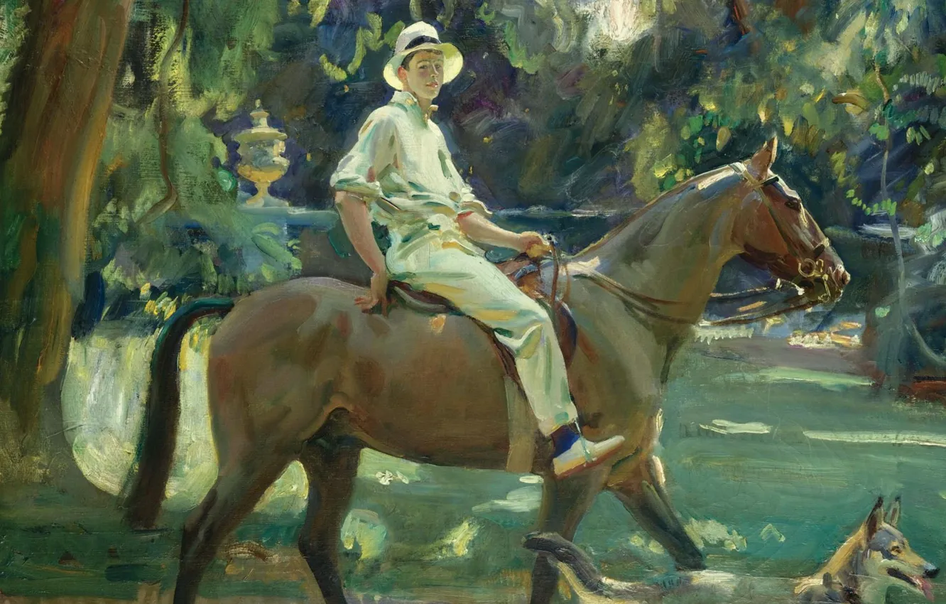 Photo wallpaper horse, dog, picture, genre, Alfred James Munnings, Alfred James Munnings, Return from the Nets. Portrait …