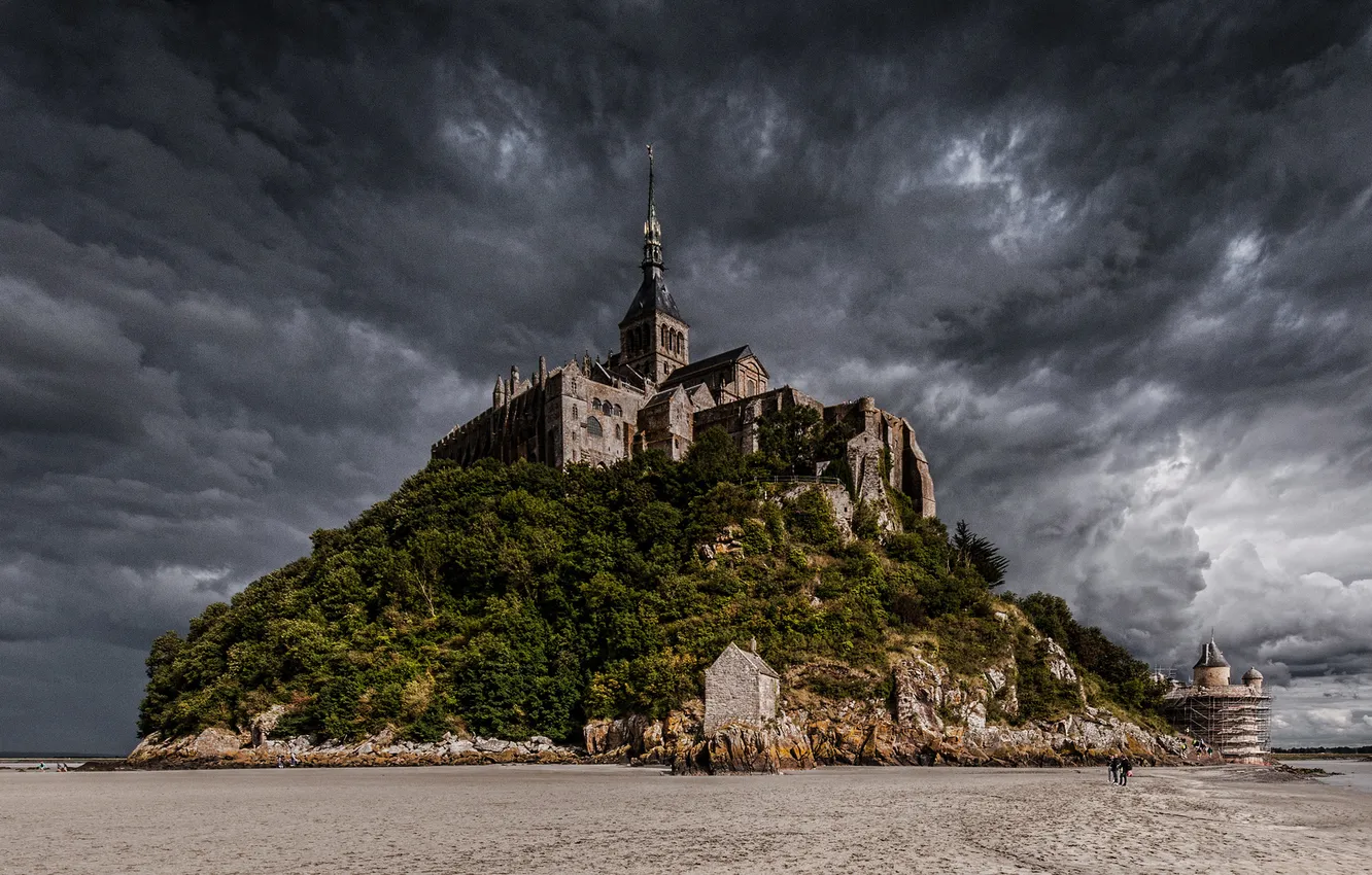 Photo wallpaper the sky, clouds, France, island, tide, Mont-Saint-Michel, Abbey