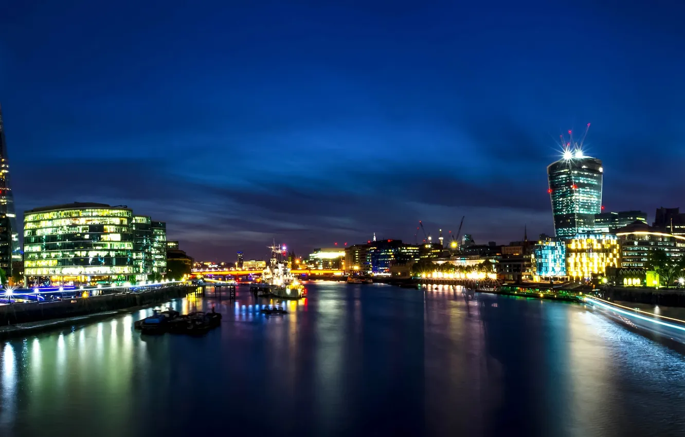 Photo wallpaper river, England, London, panorama, UK, Thames, night city, promenade