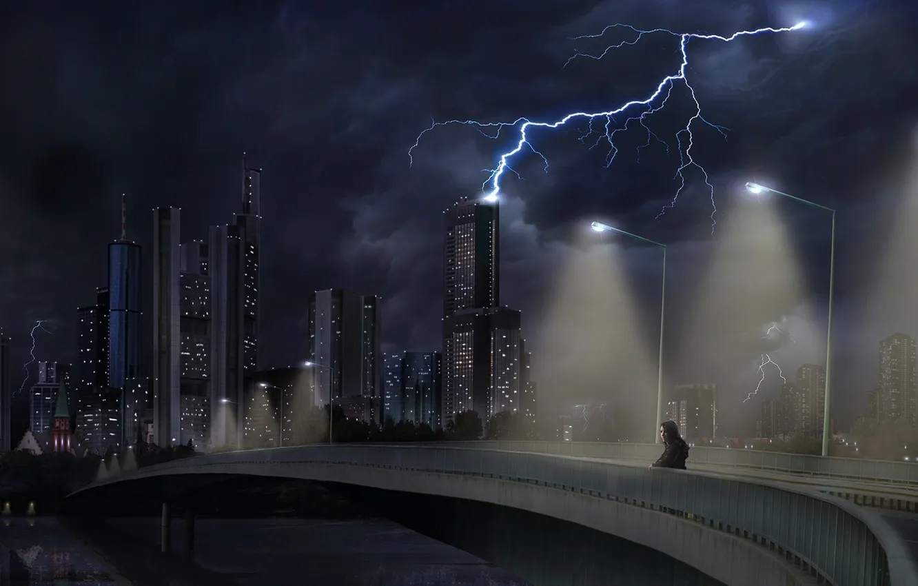 Photo wallpaper night, the city, lightning, lonely man