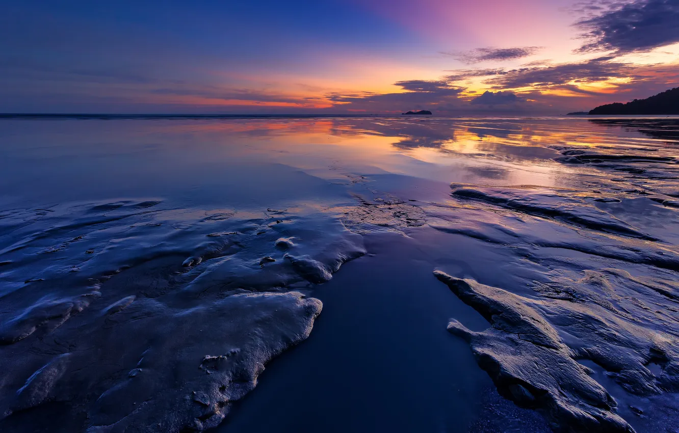 Photo wallpaper sea, the sky, clouds, sunset, rocks, the evening, tide