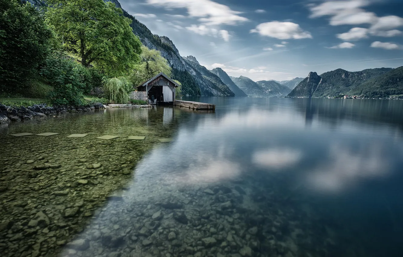 Photo wallpaper forest, water, mountains, nature, lake, the bottom