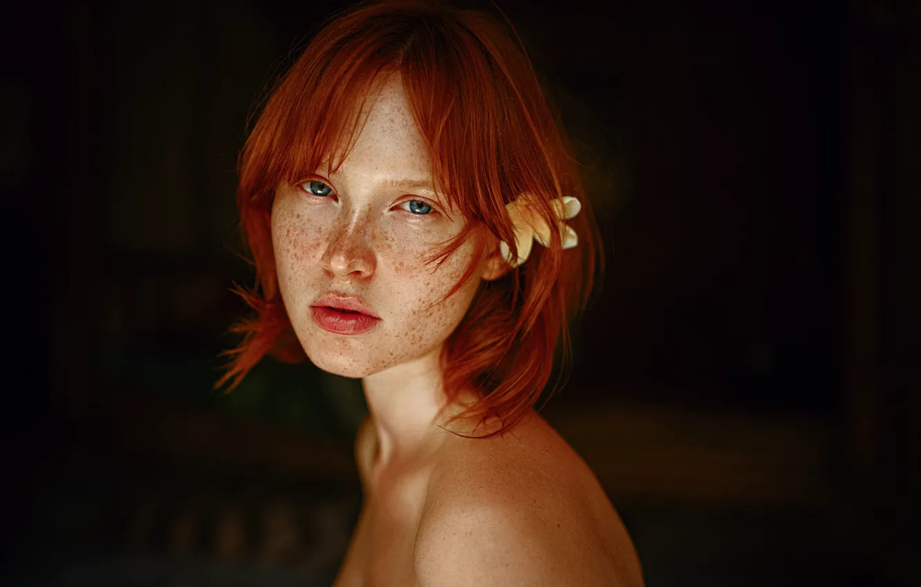 Photo wallpaper flowers, pose, the dark background, Kare, look, portrait, freckles, blue eyes