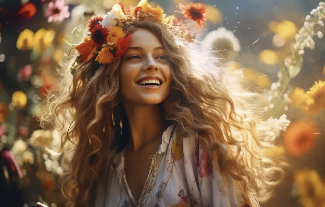 Photo wallpaper girl, joy, happiness, flowers, smile, hair, digital art, AI art