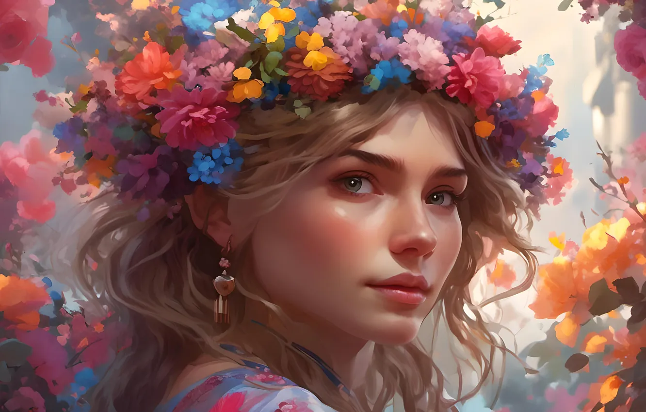 Photo wallpaper look, girl, flowers, figure, portrait, picture, earrings, blonde