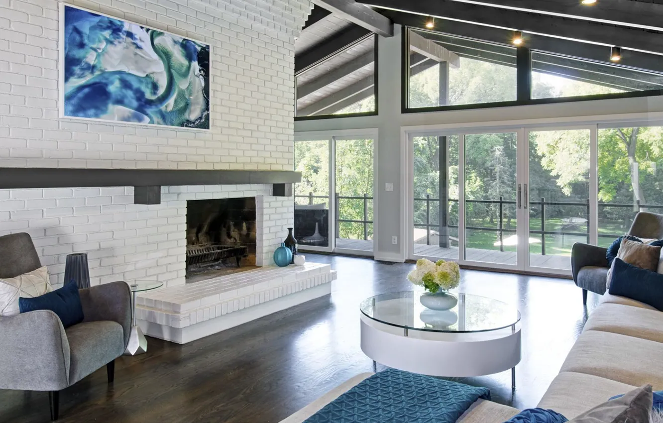 Photo wallpaper interior, balcony, oven, fireplace, living room