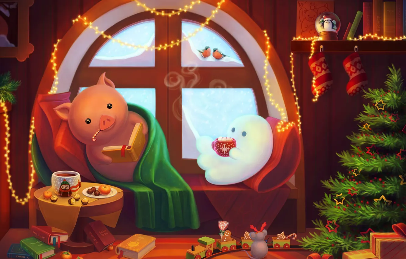 Photo wallpaper Pig, Room, Christmas, New year, Mouse, Art, Christmas, Tree