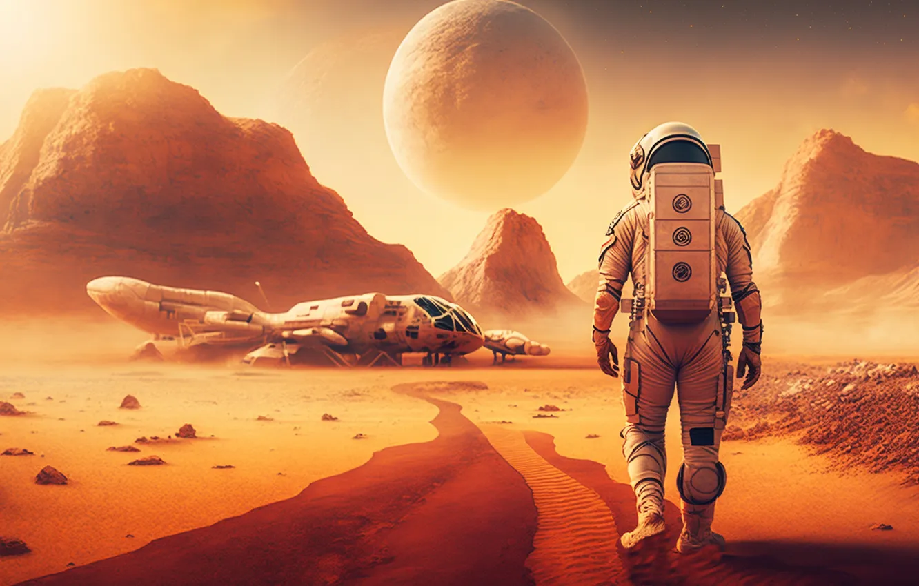 Photo wallpaper road, sand, space, mountains, future, fiction, rocks, desert