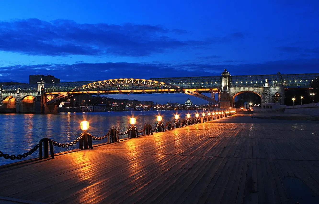 Photo wallpaper bridge, lights, Moscow, night city, promenade, The Moscow river