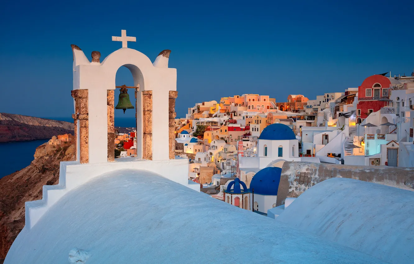 Photo wallpaper building, home, Santorini, Greece, Church, bell, Santorini, Oia