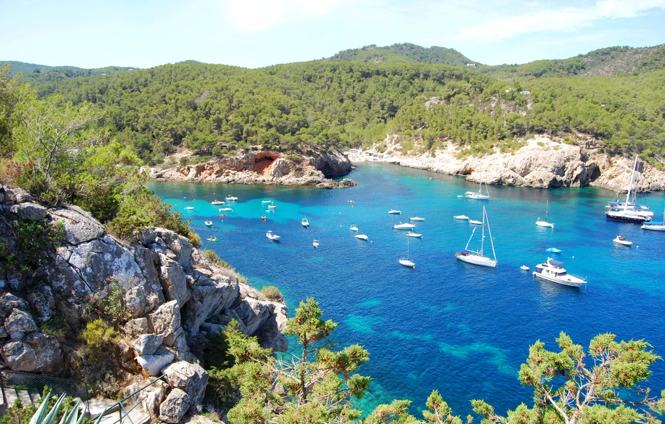 Photo wallpaper Bay, yachts, Ibiza, panoramas of Ibiza, San Miguel de Balansat