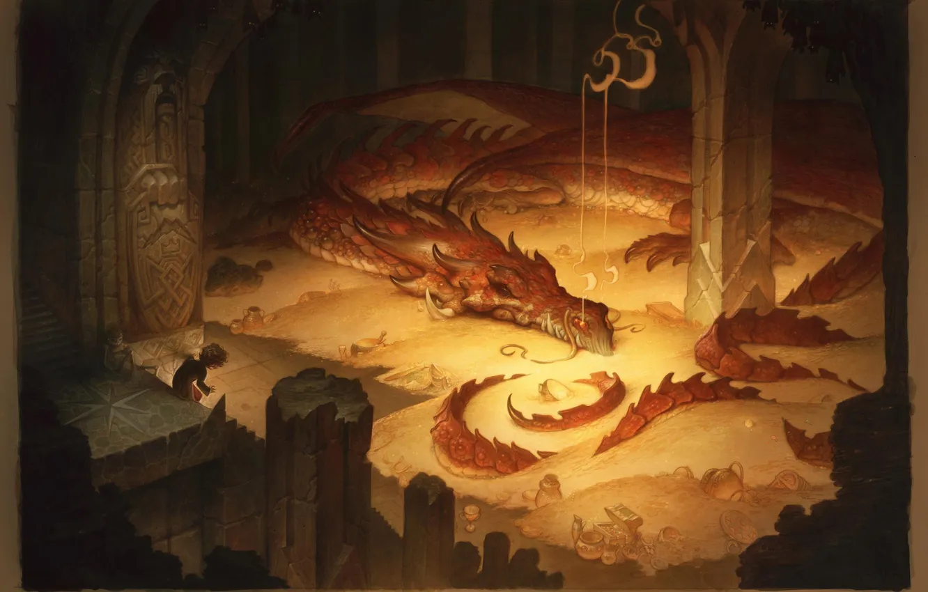 Photo wallpaper fantasy, gold, horns, tail, dragon, artwork, The Hobbit, Bilbo Baggins