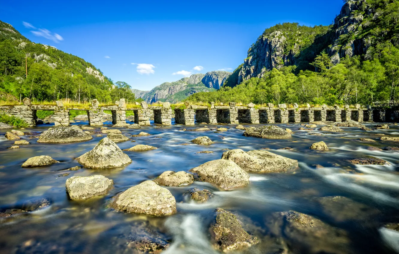 Photo wallpaper mountains, bridge, river, stones, Norway, Norway, Rogaland, Rogaland