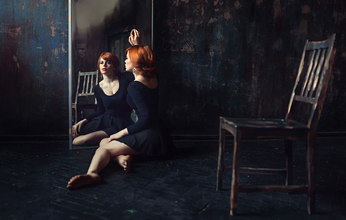 Photo wallpaper girl, reflection, mirror, chair, male, redhead, George Chernyadev, The loneliness
