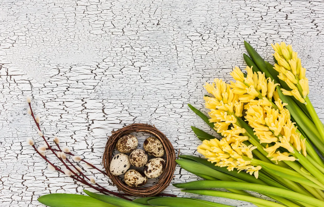 Photo wallpaper flowers, bouquet, yellow, yellow, flowers, eggs, easter, hyacinths