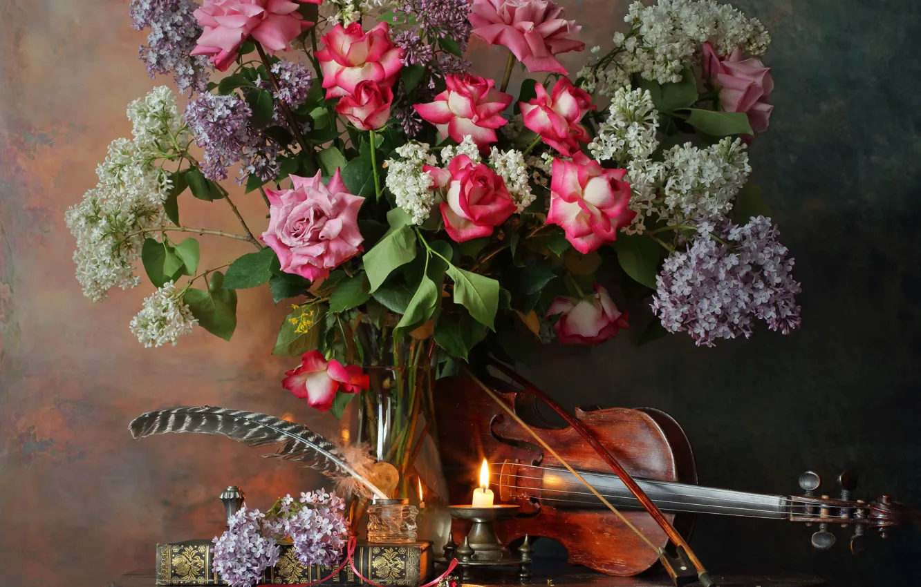 Photo wallpaper flowers, style, pen, violin, roses, candle, bouquet, still life