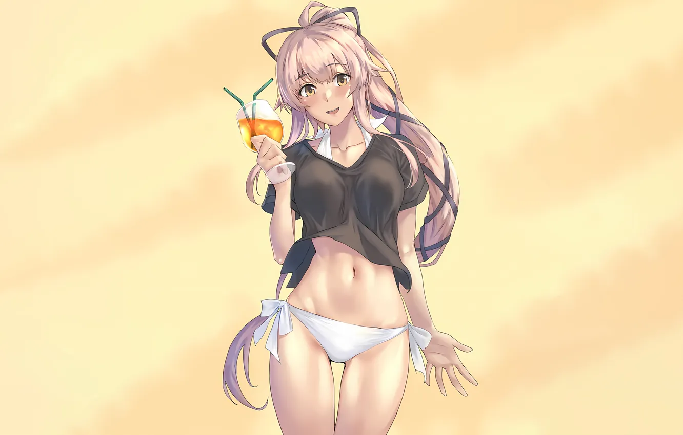Photo wallpaper girl, sexy, long hair, anime, beautiful, ponytail, pretty, drink