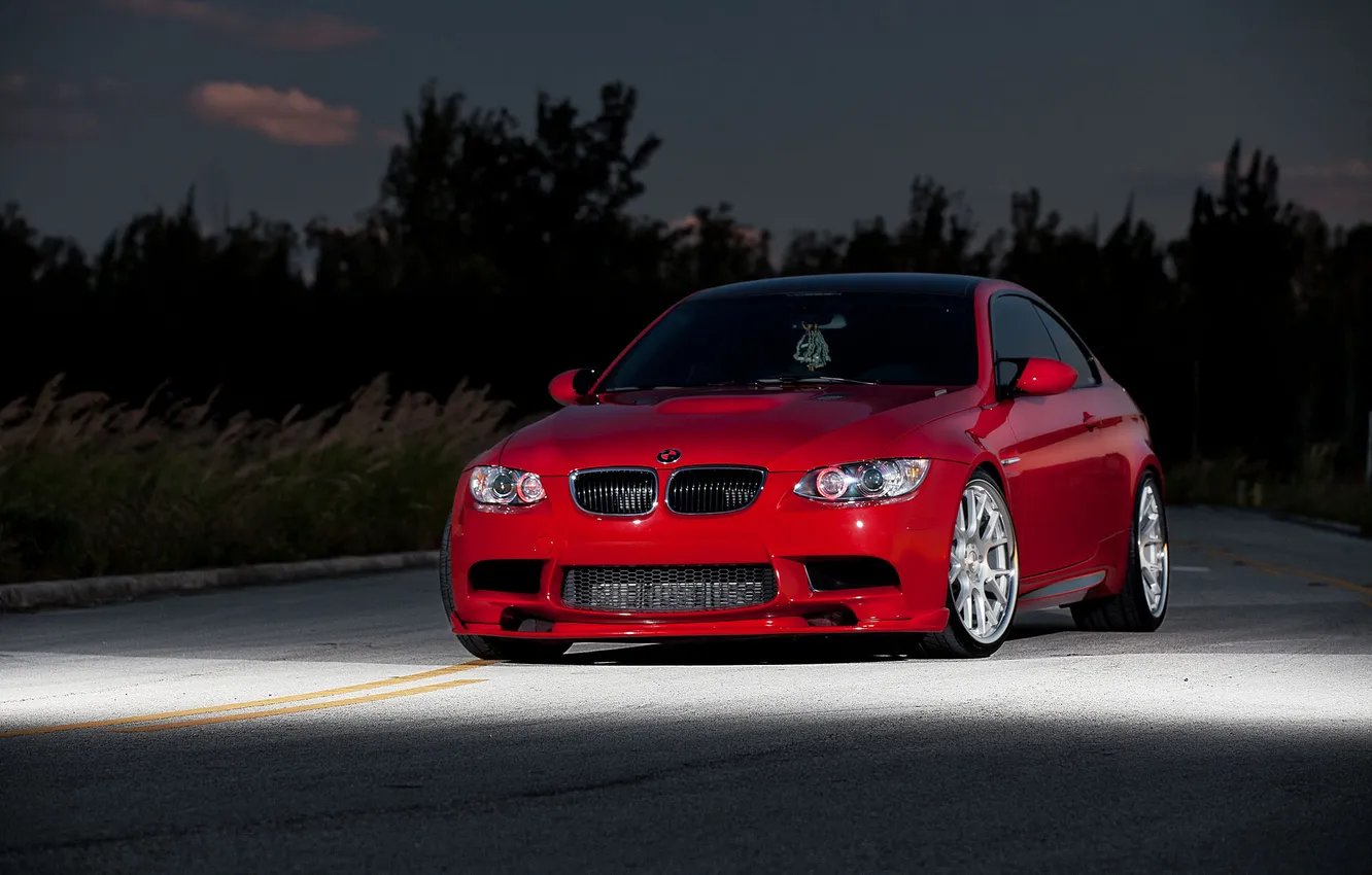 Photo wallpaper road, the sky, trees, red, bmw, BMW, the evening, red