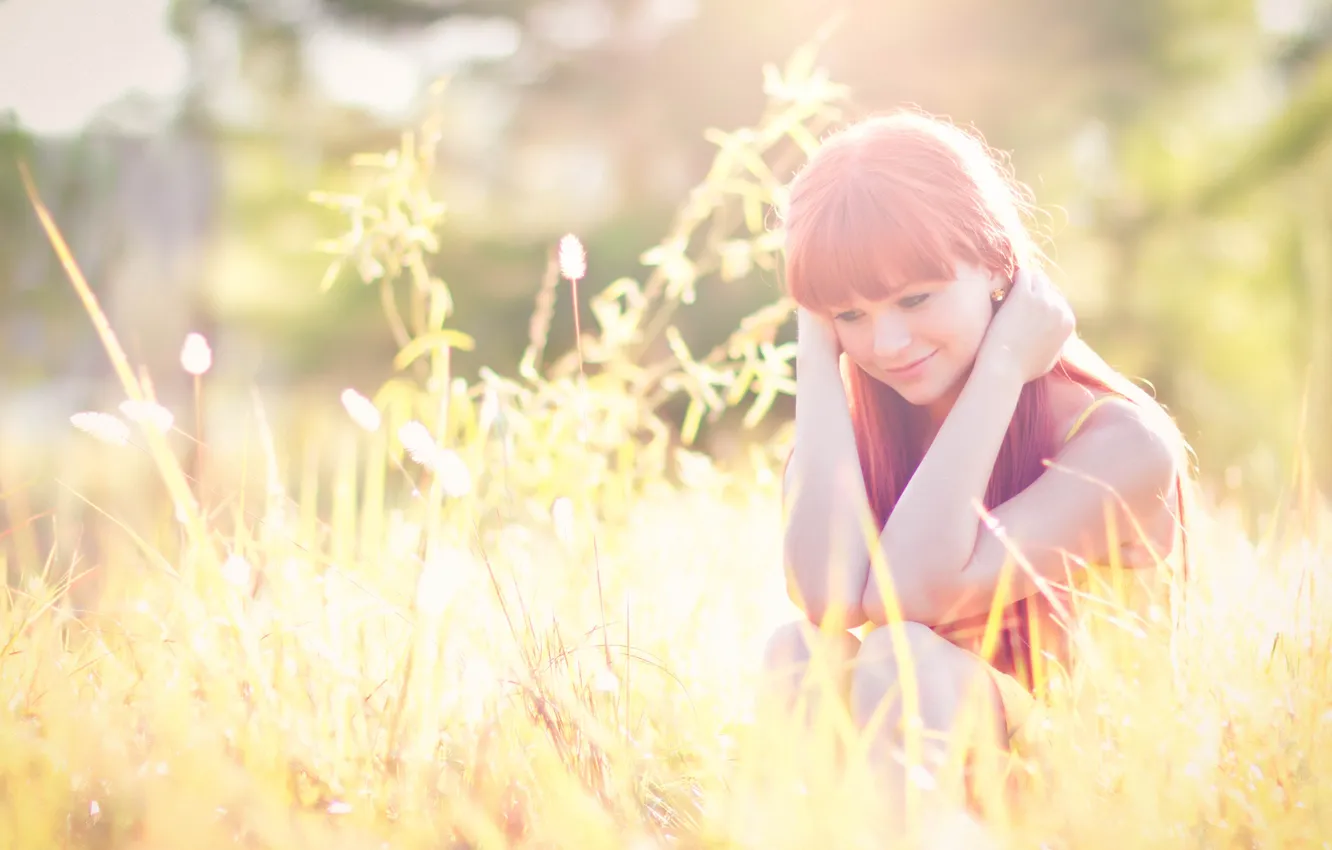 Photo wallpaper grass, girl, smile, redhead, charm
