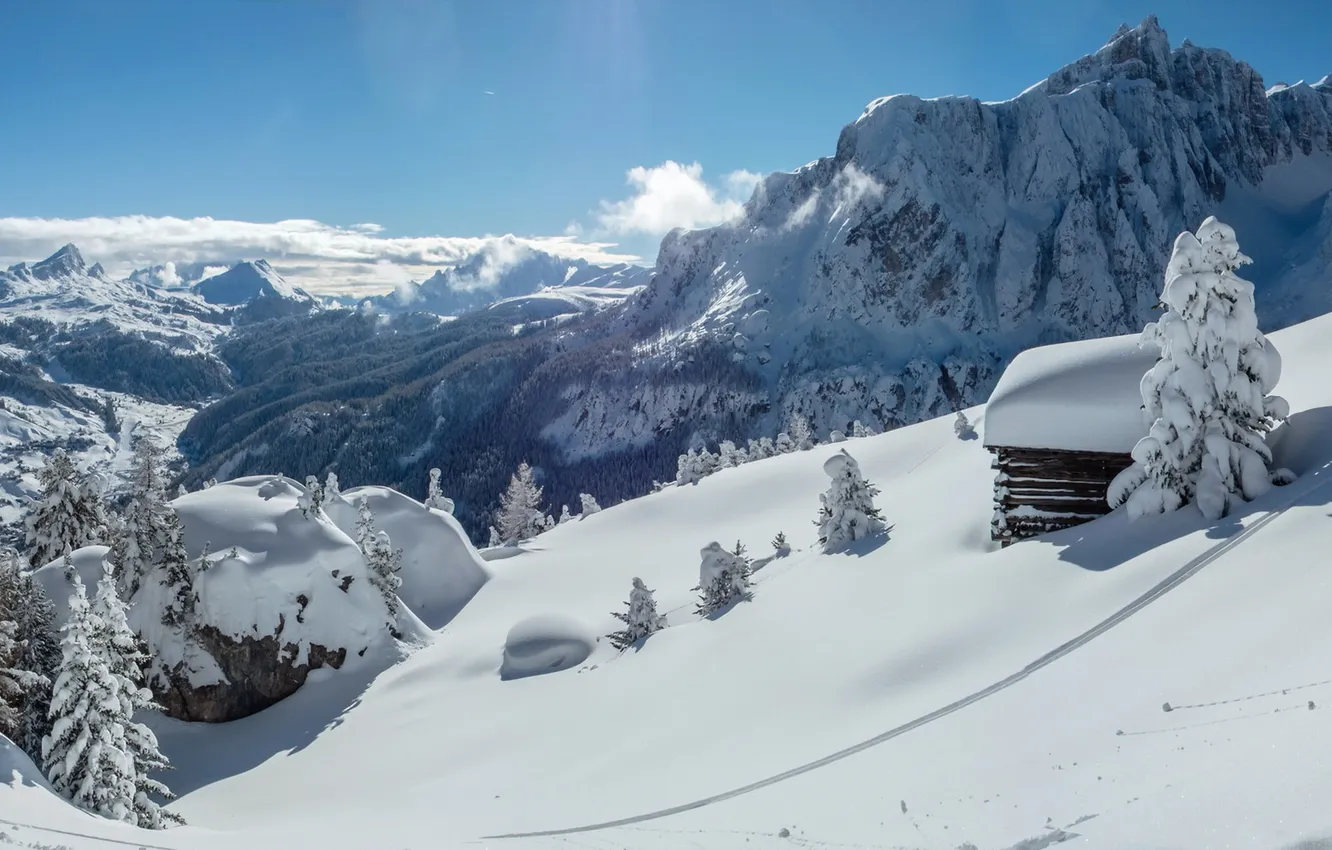 Photo wallpaper snow, landscape, mountains, house