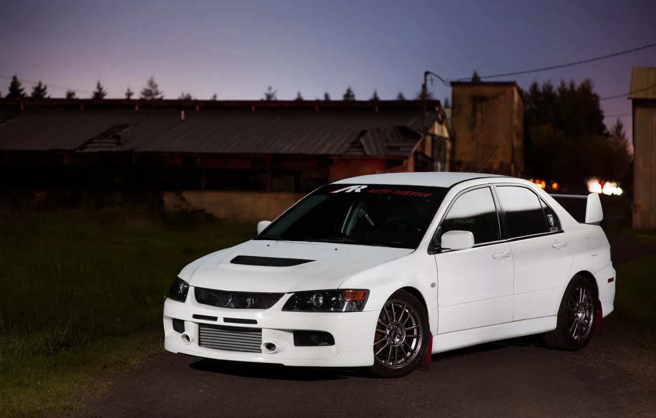 Photo wallpaper white, Mitsubishi, white, twilight, front view, Lancer, Mitsubishi, Evolution