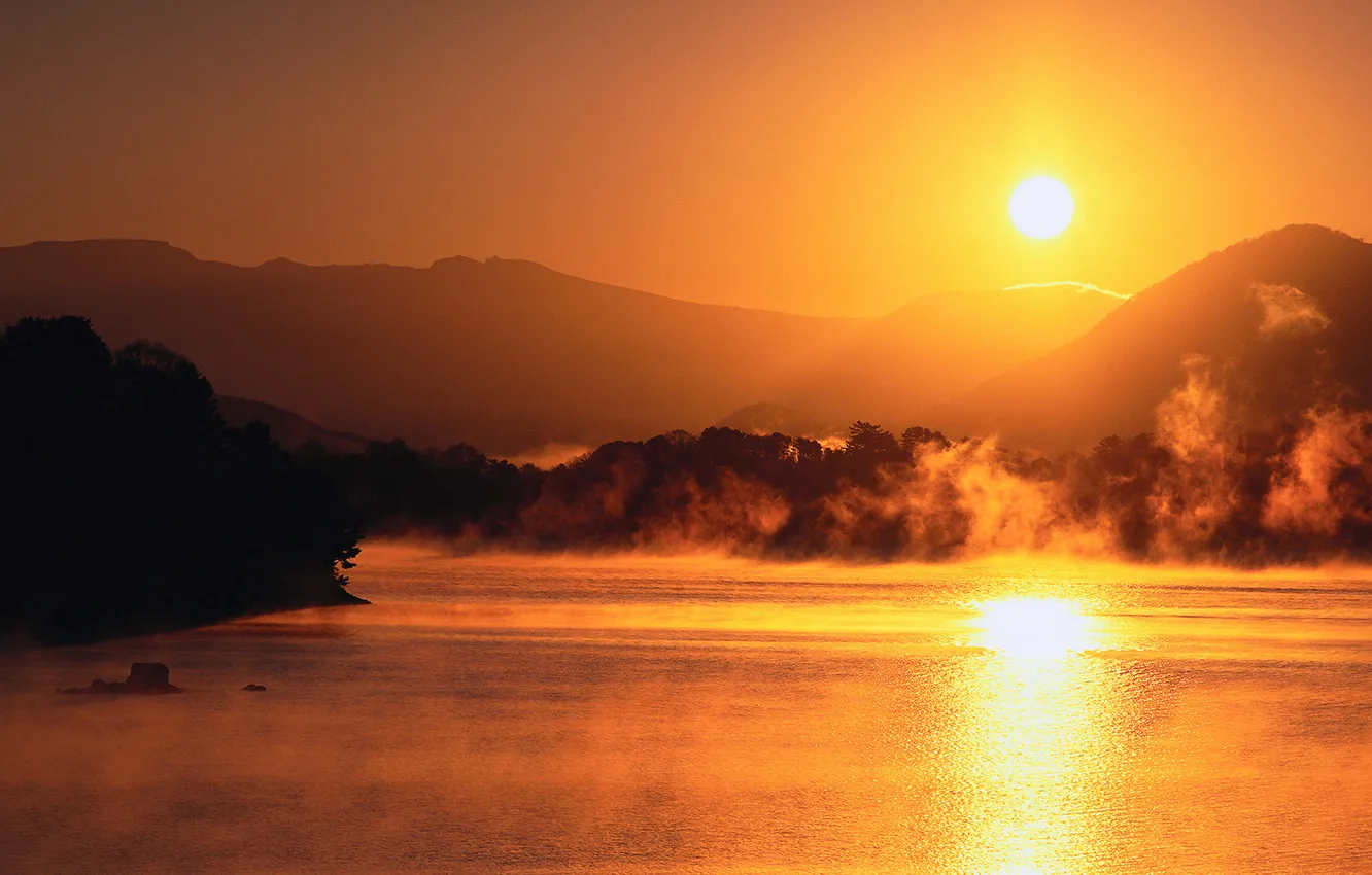 Photo wallpaper water, sunset, mountains, lighting, horizon, beautiful, TOMANCE