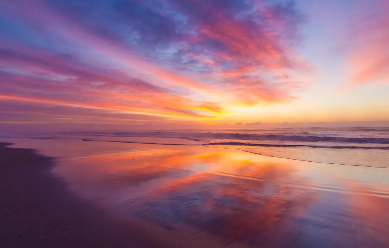 Photo wallpaper colors, waves, beach, sky, sea, coast, clouds, sunrise