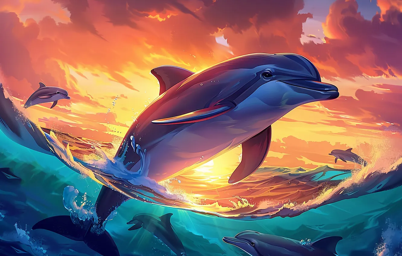 Photo wallpaper Sea, Jump, Dawn, Dolphins, Digital art, AI art, The Art of Artificial Intelligence, Neural network