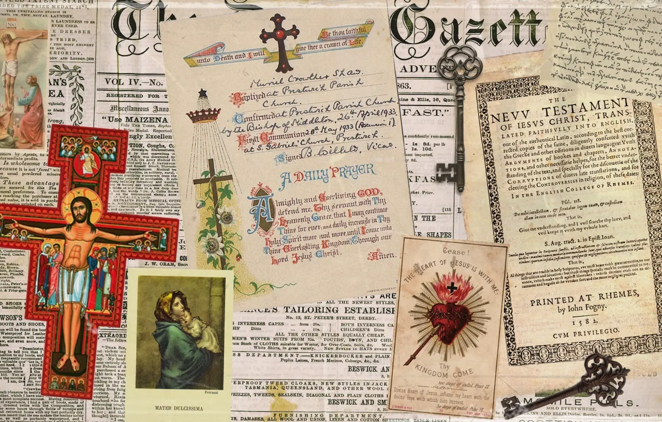 Photo wallpaper Desktop, cross, old, key, Jesus, religion, newspaper