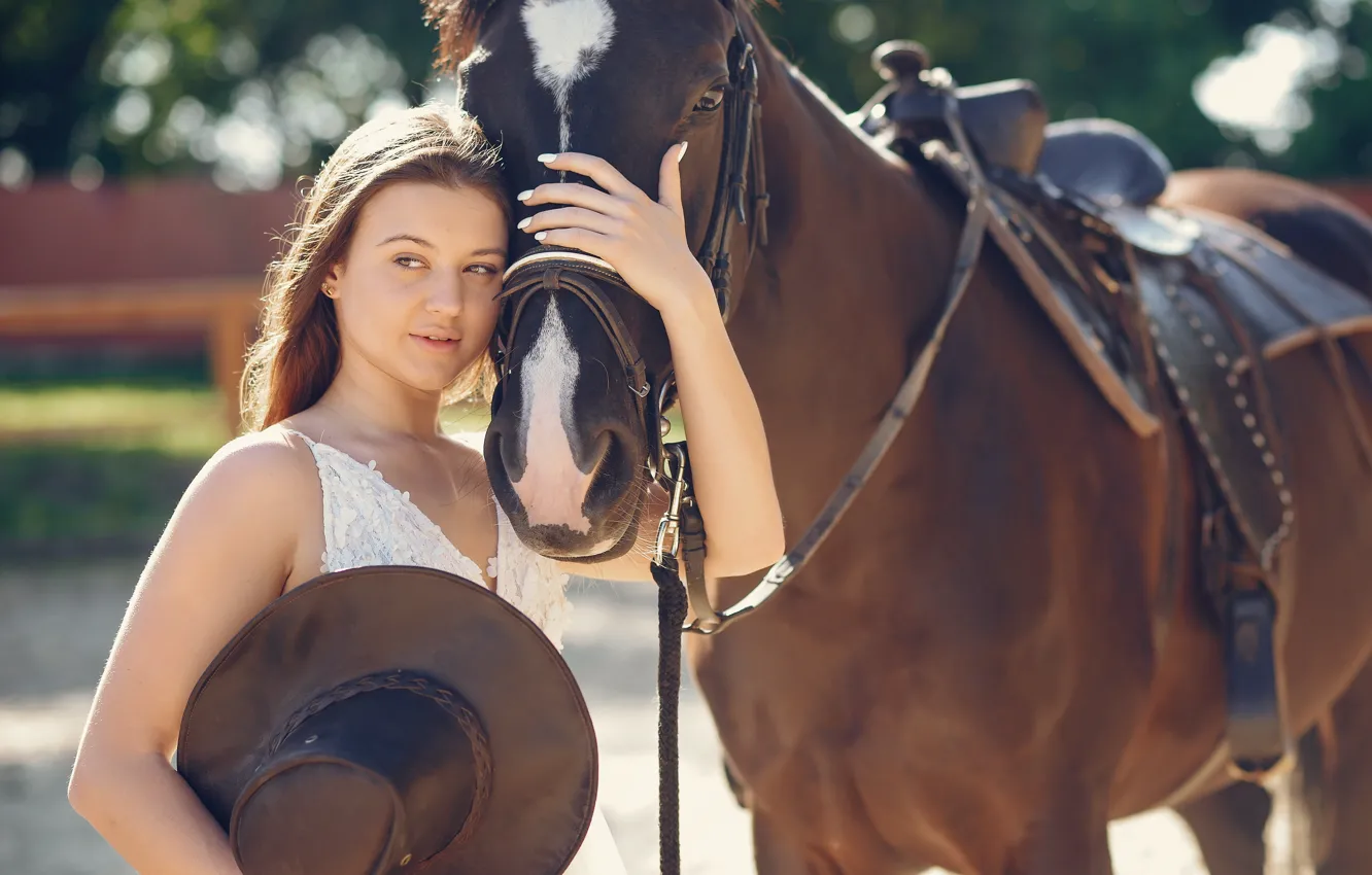 Photo wallpaper girl, horse, horse, portrait, hat, dress, girl