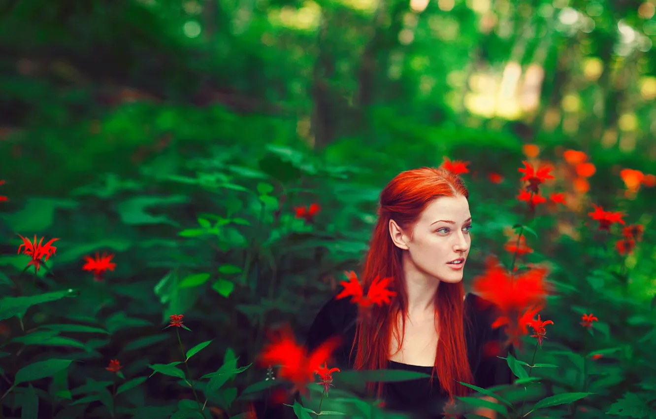 Photo wallpaper greens, forest, girl, flowers, mood, red, elf