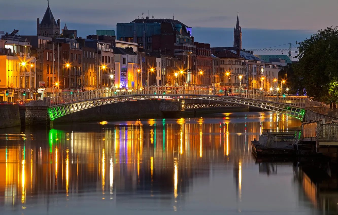 Photo wallpaper lights, bridge, Ireland, night, Dublin, home, river