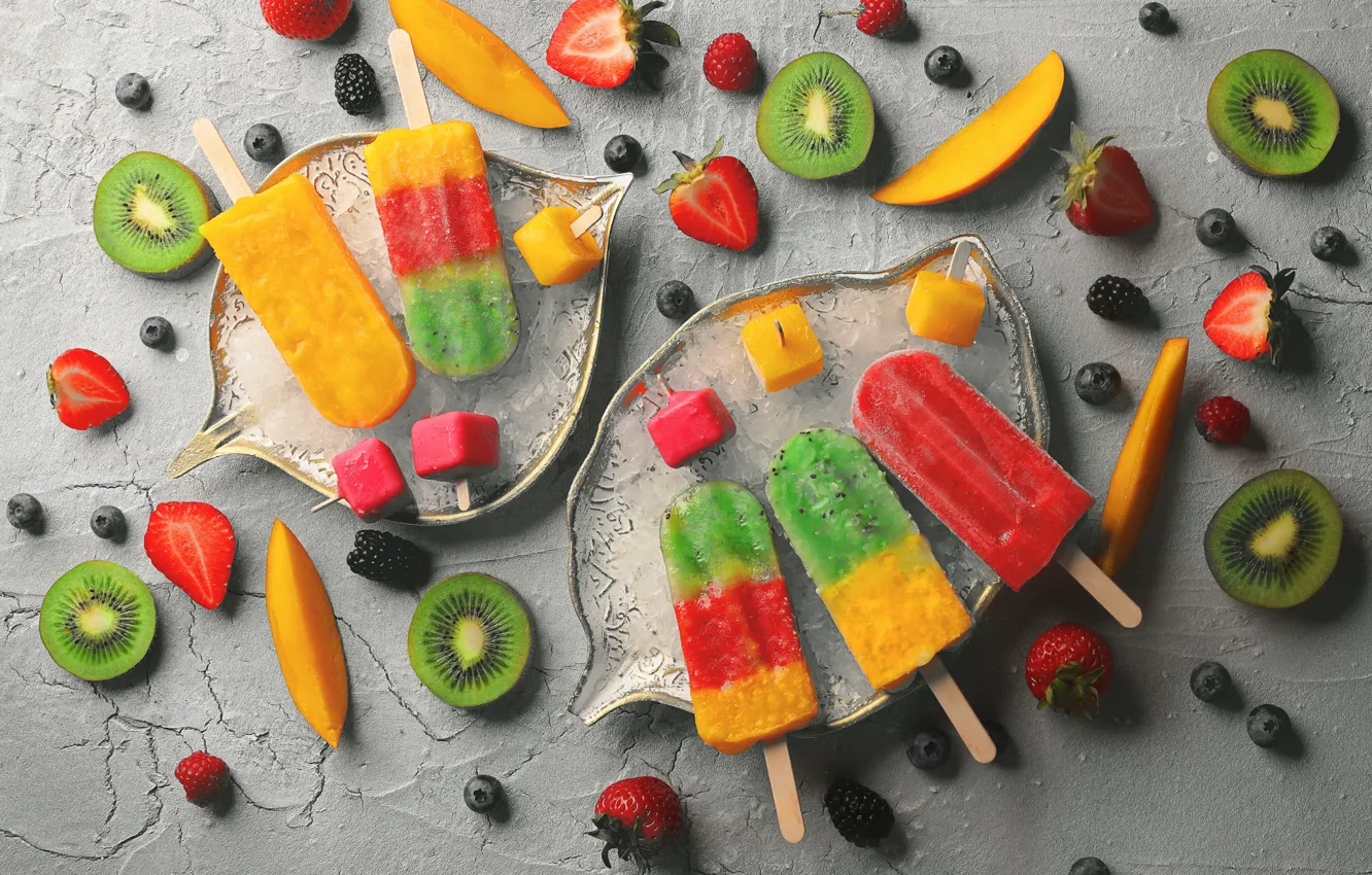 Photo wallpaper ice, berries, raspberry, food, kiwi, blueberries, ice cream, fruit