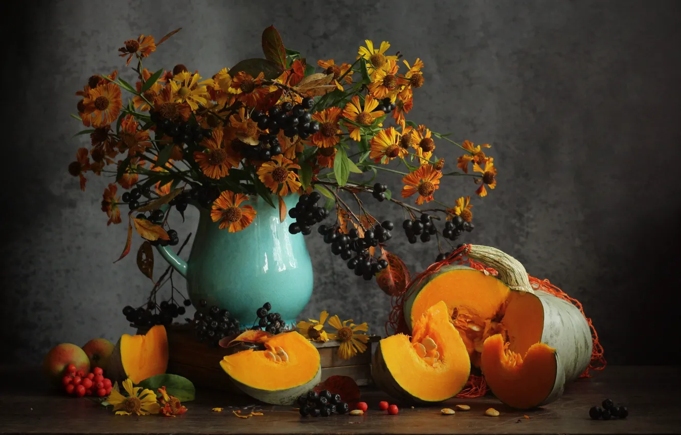 Photo wallpaper flowers, branches, berries, table, food, bouquet, fruit, pumpkin