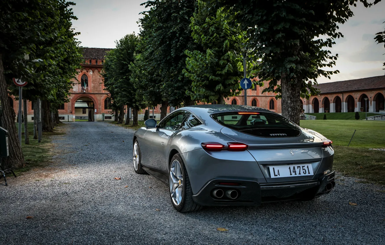 Photo wallpaper road, trees, coupe, Ferrari, Roma, 2020