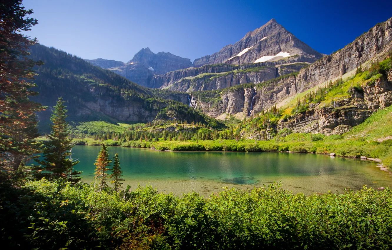 Photo wallpaper the sky, trees, mountains, lake