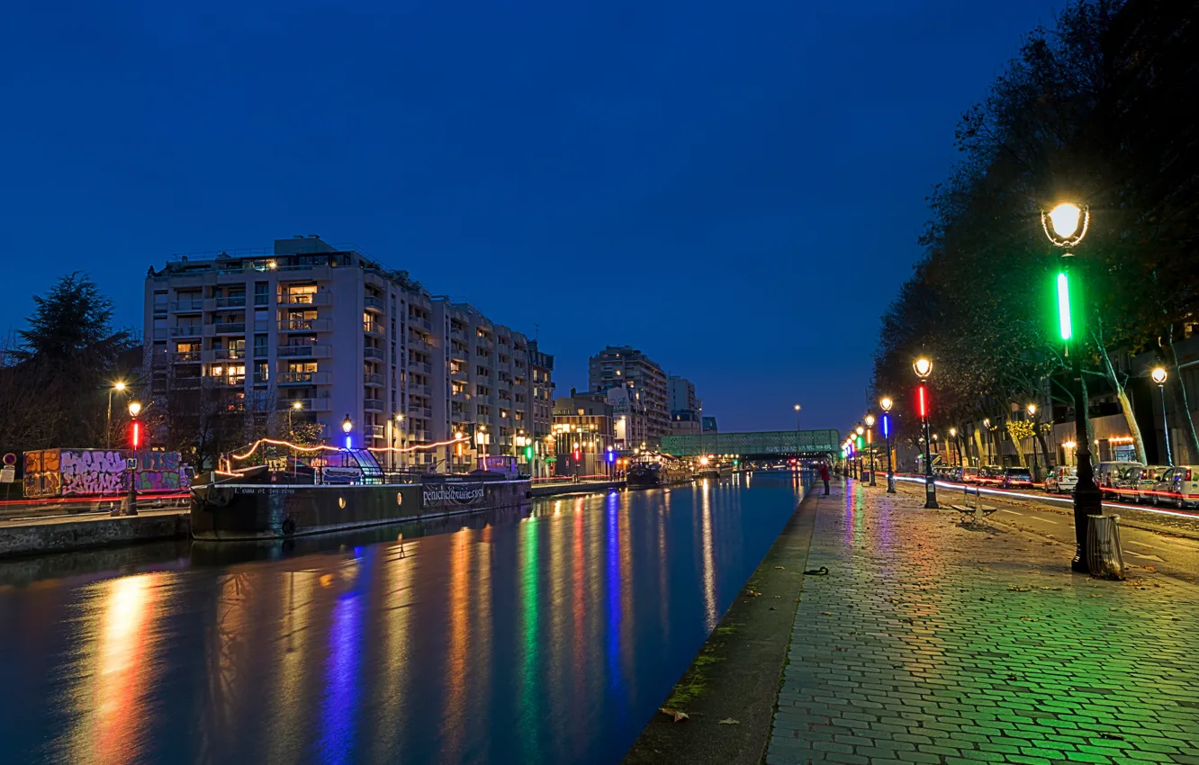 Photo wallpaper trees, night, bridge, lights, river, France, Paris, home