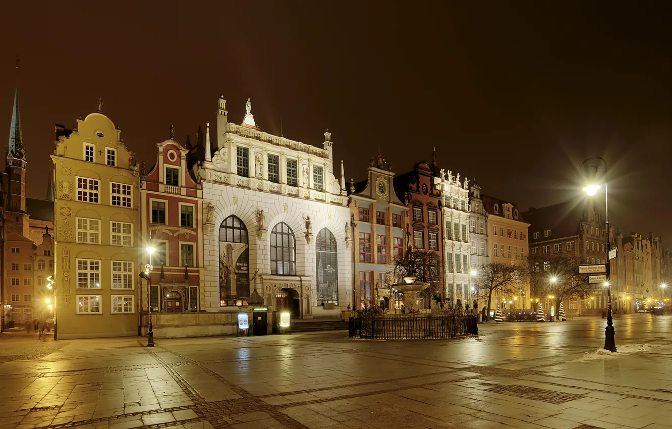 Photo wallpaper photo, Home, Night, The city, Street, Lights, Poland, Gdansk
