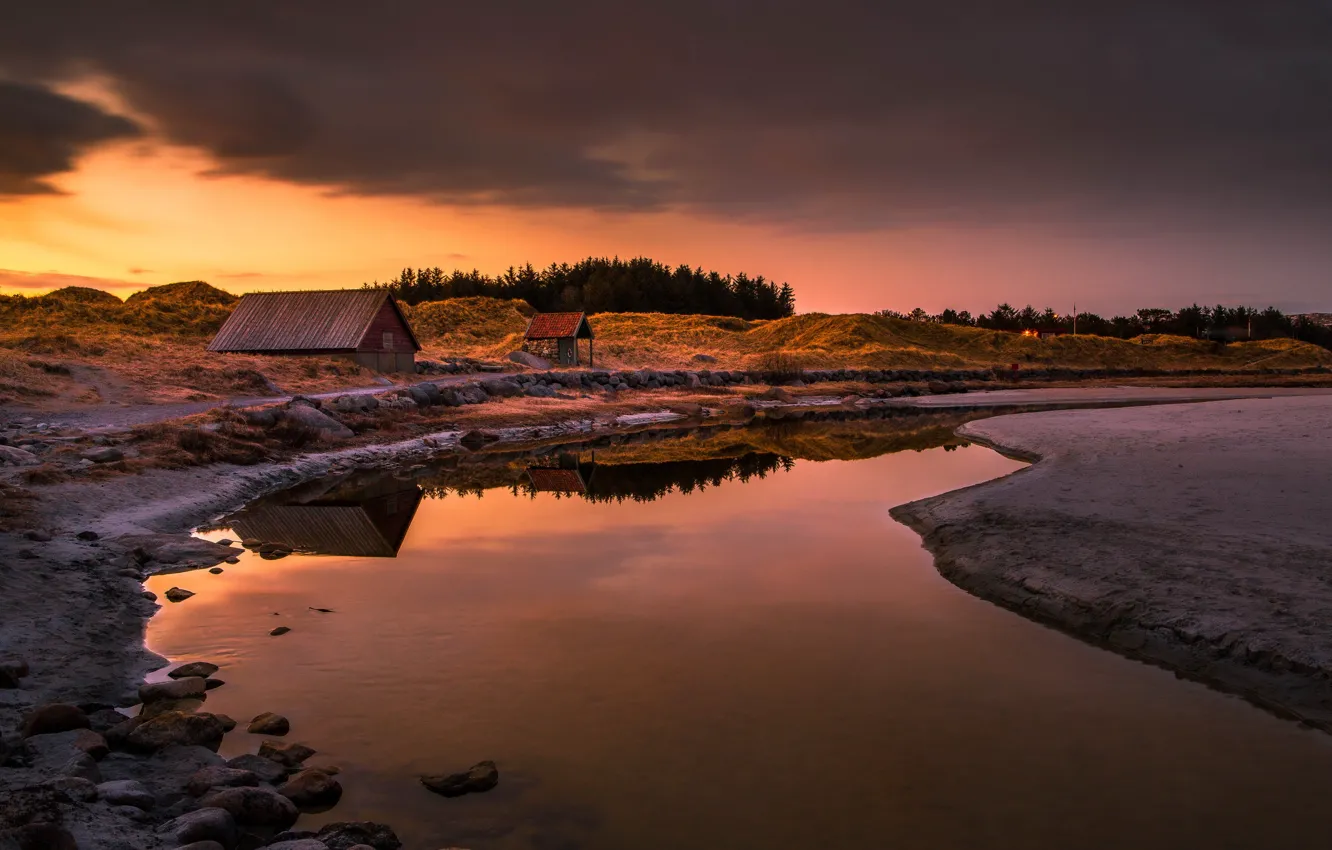 Photo wallpaper landscape, sunset, river, home