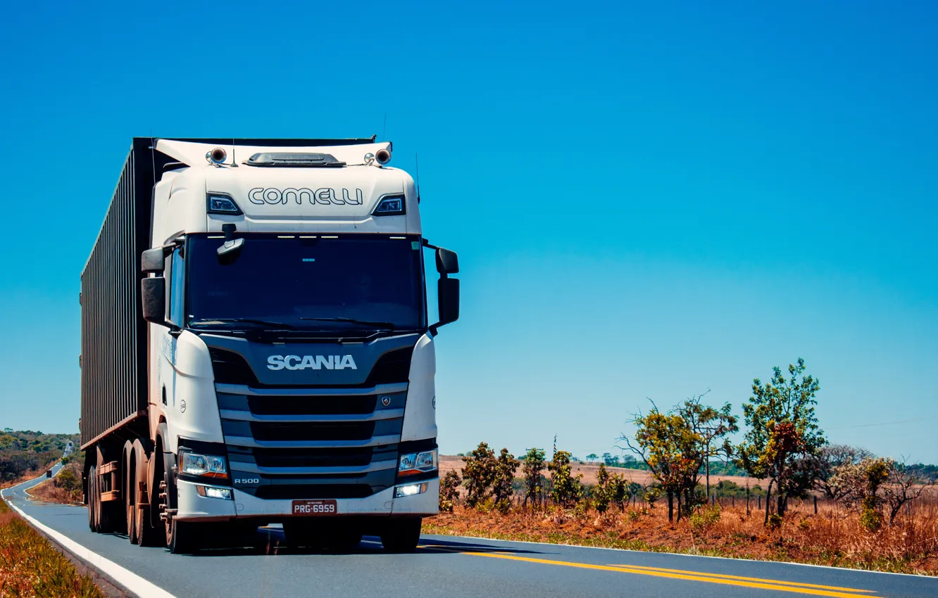 Photo wallpaper sky, desert, trees, street, truck, Scania, Trailer, R500