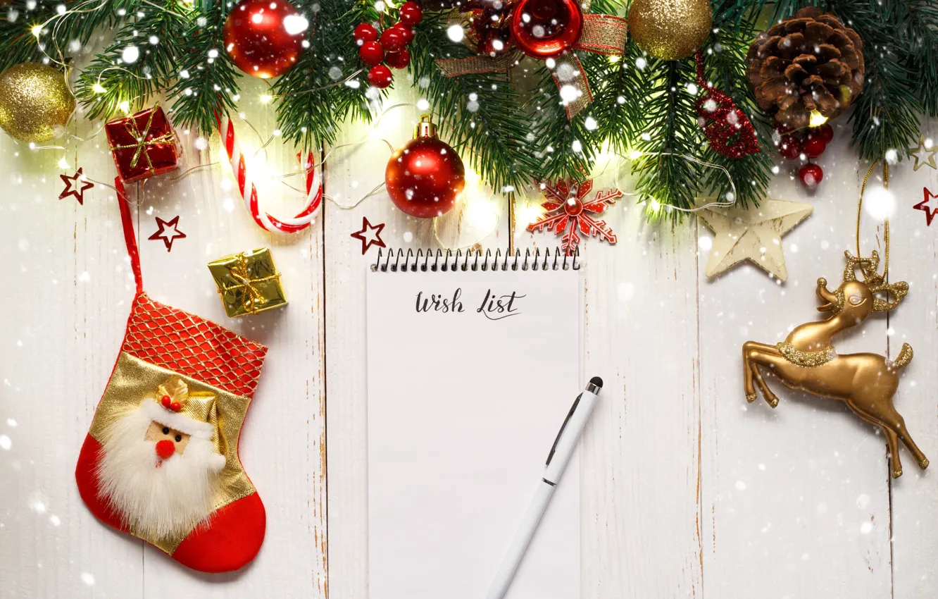 Photo wallpaper balls, snow, branches, lights, holiday, gift, Board, sock