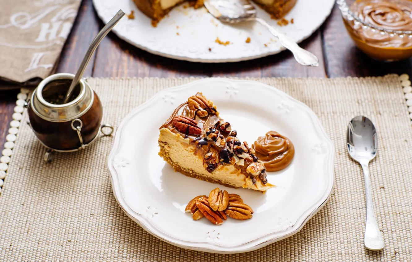 Photo wallpaper plate, spoon, cake, nuts, cream, dessert, sweet, piece