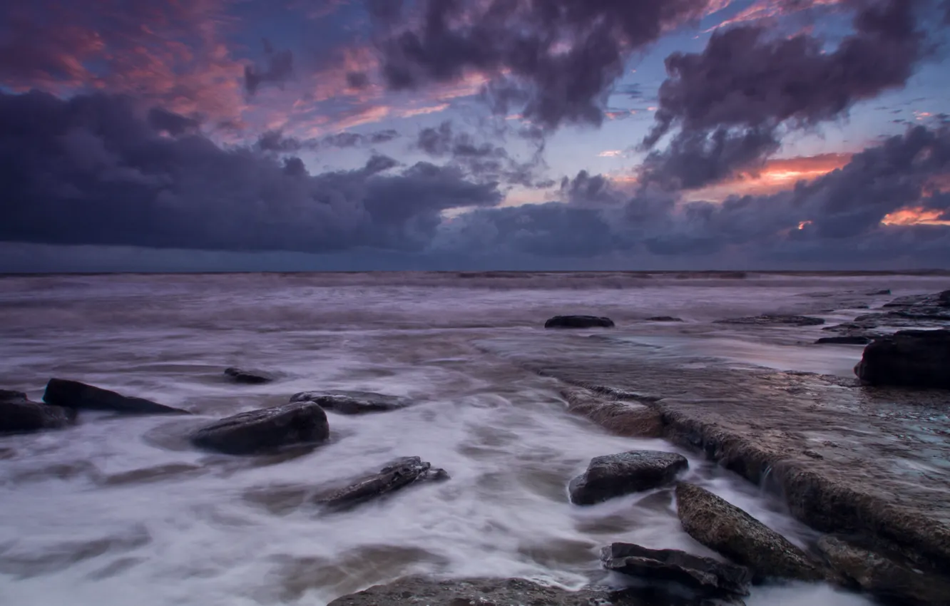 Photo wallpaper sea, the sky, clouds, sunset, clouds, stones, shore, the evening