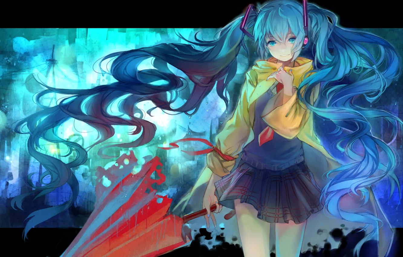 Photo wallpaper girl, umbrella, headphones, tie, form, vocaloid, hatsune miku