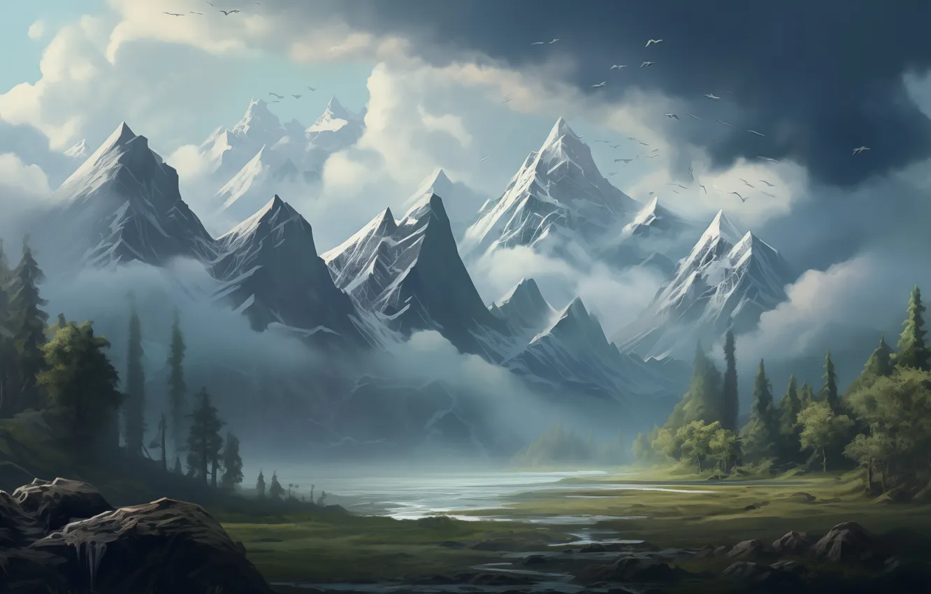 Photo wallpaper river, trees, landscape, mountains, digital art, digital painting, AI Art