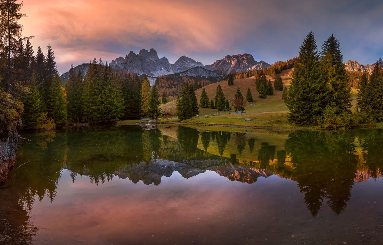 Photo wallpaper landscape, sunset, mountains, nature, lake, reflection, the slopes, Austria