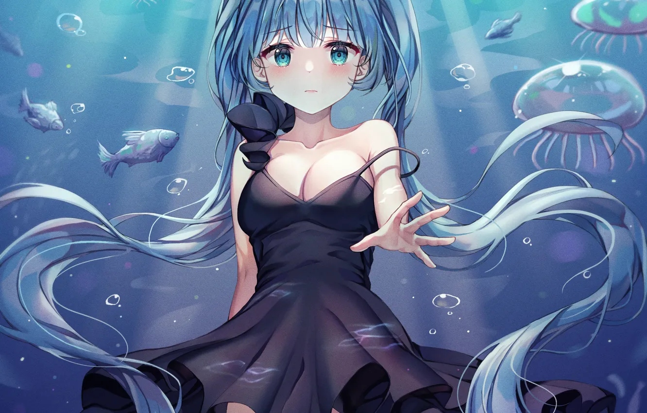 Photo wallpaper girl, sexy, vocaloid, hatsune miku, long hair, dress, boobs, anime