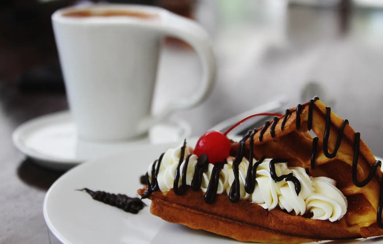 Photo wallpaper cherry, chocolate, cream, dessert, wafer