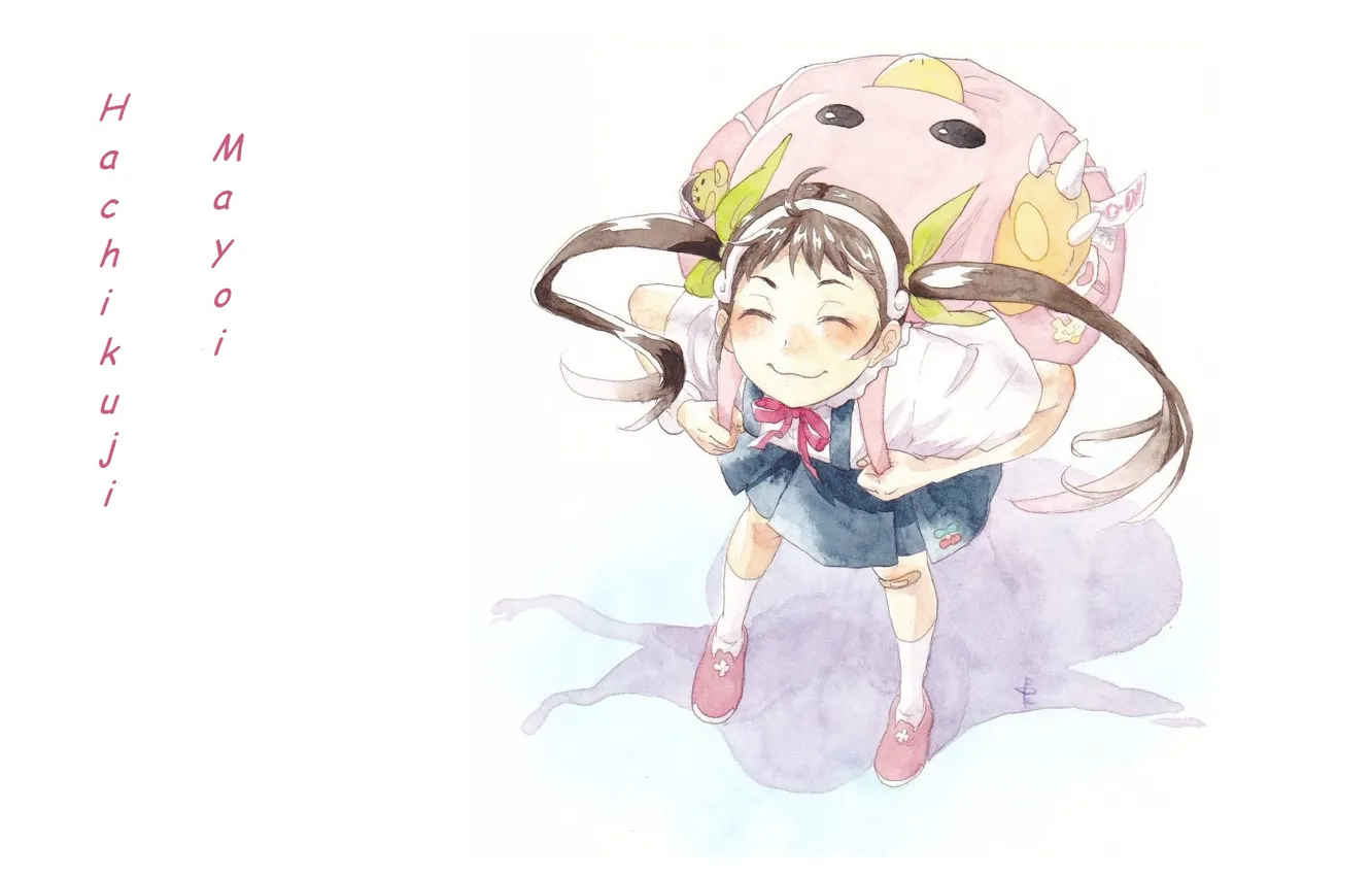 Photo wallpaper smile, shadow, white background, schoolgirl, backpack, bakemonogatari, closed eyes, two tails